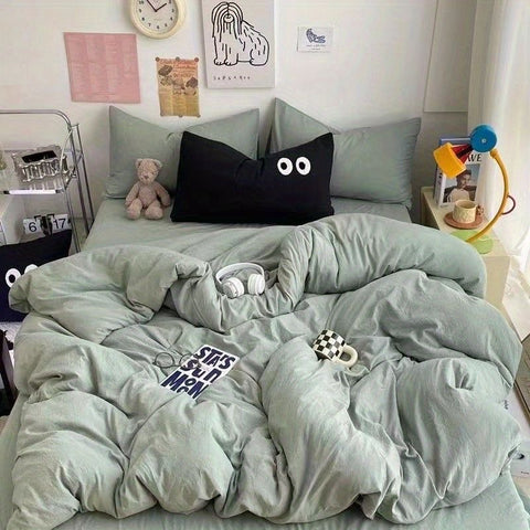 Sonicelife Cute Duvet Cover Set with Sheet Pillowcase No Filler Warm Solid Color Bed Linen Full Queen Size Korean Big Eyes Home Bedding Set