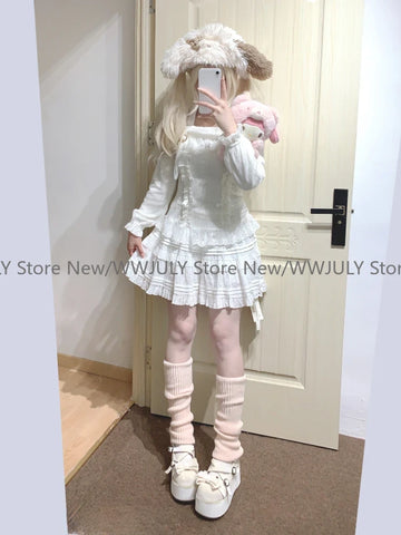 Sonicelife Lolita Slash Neck Halter Sweater Women 2025 Kawaii Lace Patchwork Y2k Aesthetic Grunge Bottoming Crop Tops Pullover Knitwear