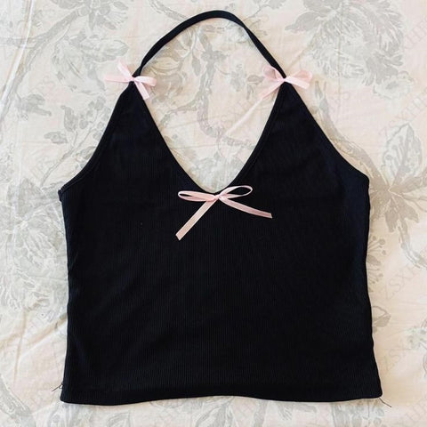 Sonicelife Camis Y2k Tops Harajuku Tank Women Clothes Vintage 2000s Aesthetic Slim Backless Sling Bow Kawaii Cute Sweet Girl Tee Crop Top