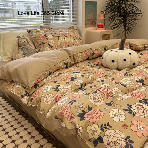 Sonicelife Pastoral Floral Rose Bedding Sets Flat Bed Sheet Duvet Cover Single Double Full Queen King Bedclothes Ins Pure Bedroom Linen