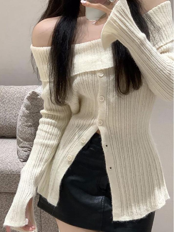 Sonicelife-Long Sleeve Off-Shoulder Ribbed-Knit Sweater