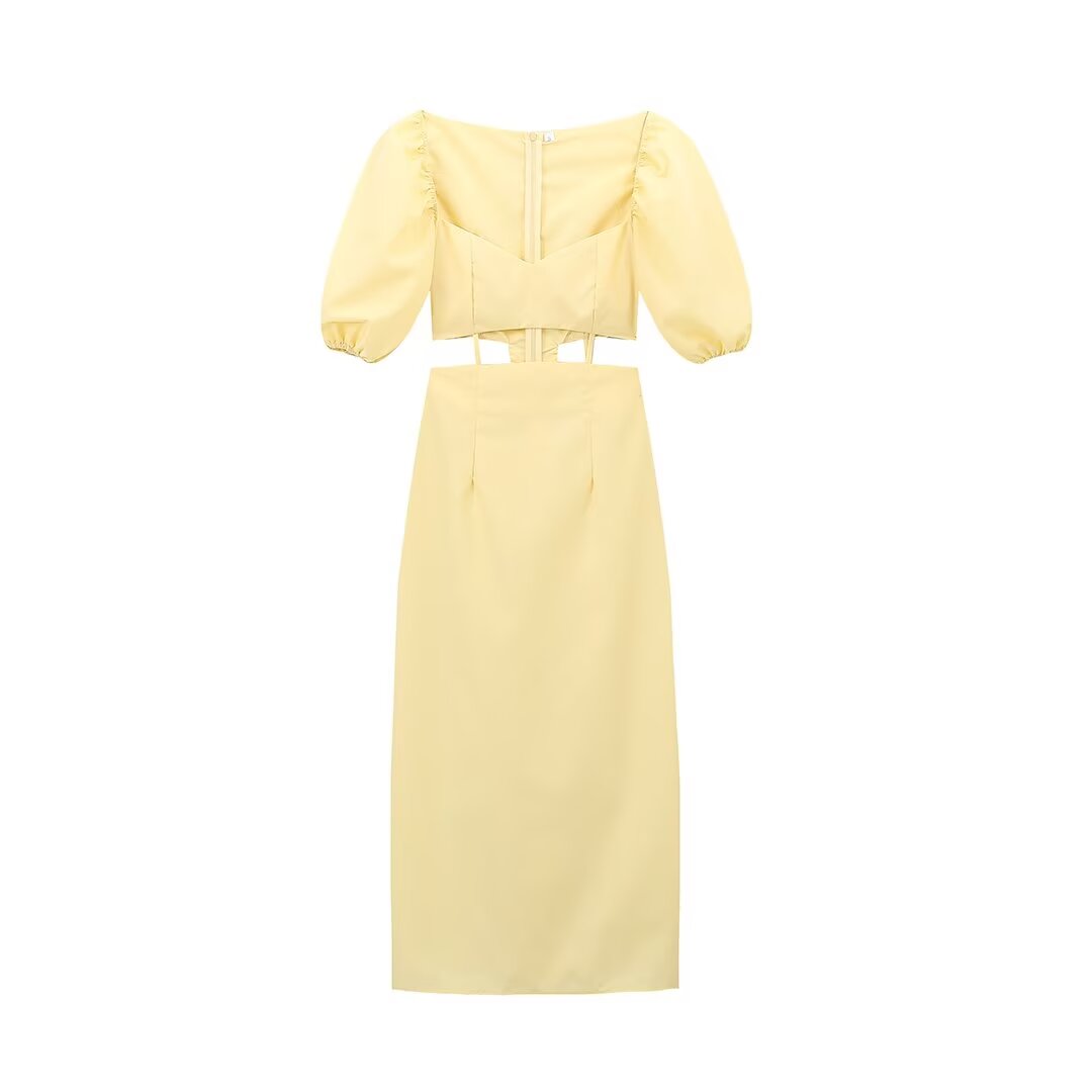 Sonicelife Women's Yellow Dress with Puffed Sleeves Waist Opening Hollow Design Fashion Sexy Commuter Temperament Midi New