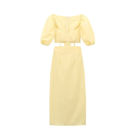 Sonicelife Women's Yellow Dress with Puffed Sleeves Waist Opening Hollow Design Fashion Sexy Commuter Temperament Midi New