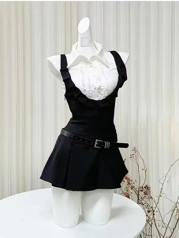 Sonicelife Preppy Style 2 Piece Dress Set Women Sweet Sleeveless Hot Crop Tops + Backless Mini Dress Korean Fashion Suit Summer 2025 New
