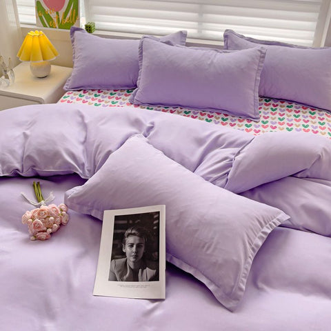 Sonicelife Purple Bedding Set Ins Nordic Solid Full Queen Size Duvet Cover Flat Sheet Pillowcase No Filler Girl Boys Hotel Home Bed Linens