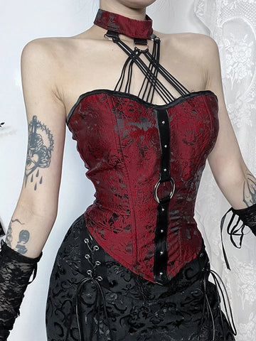 Sonicelife Mall Gothic Velevt Halloween Camisole Women Streetwear Vintage Jacquard Pu Patchwork Hollow Out Halter Crop Tank Tops