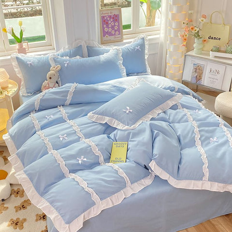 Sonicelife Kawaii Korean Bedding Sets No Filling Ins Princess Style Lace Bow Duvet Cover Fitted Sheet Girl Woman Home Bedroom Bed Linens