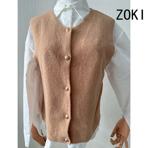 Sonicelife Gold Buttons Cardigan Vests Women Vintage Simple Sleeveless Gray Knitted Jackets Vest Fall Casual Lady Slim Harajuku Tops