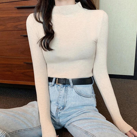 Black Friday Sonicelife Knitted Solid Slim Turtleneck Women Casual Simple Elastic Thin Pullover Sweaters Lady Korean Autumn Chic Daily Basic Knitwear