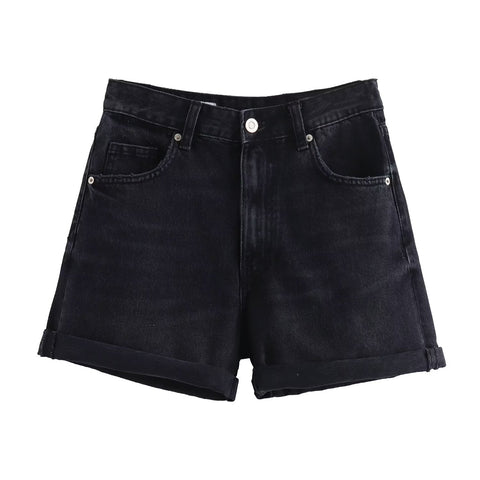 Sonicelife Women's new denim shorts, loose and comfortable, versatile high waisted straight leg curled edge shorts