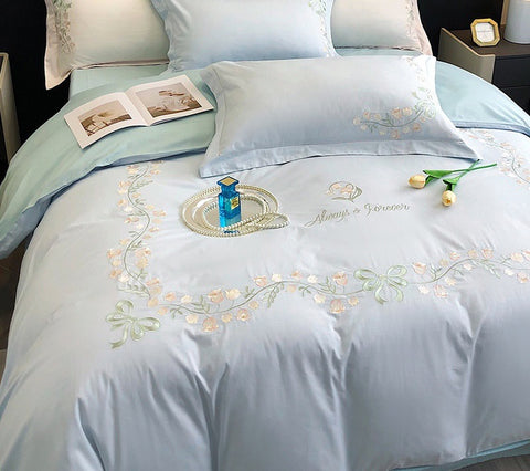 Sonicelife New High-End Simple and Light Luxury Skin-Friendly Cotton Four-Piece Set Simple Embroidery Bedding Lily