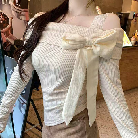 Sonicelife 2025 New  Fashion Sweet Off Shoulder Bow Lace Up Sweaters Slim Fit Tops Women Y2k Grunge Long Sleeve Cardigan Mujer