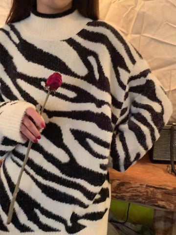 Sonicelife-Zebra Jacquard Mock Neck Knit Sweater