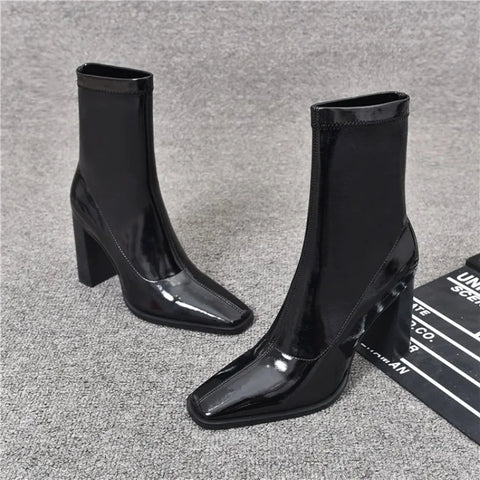 Sonicelife Brand Women Shoes 2024 New Black Patent Leather Fashion Square Toe Women's Boots Comfor Thick Heel Ladies High Heel Ankle Boots