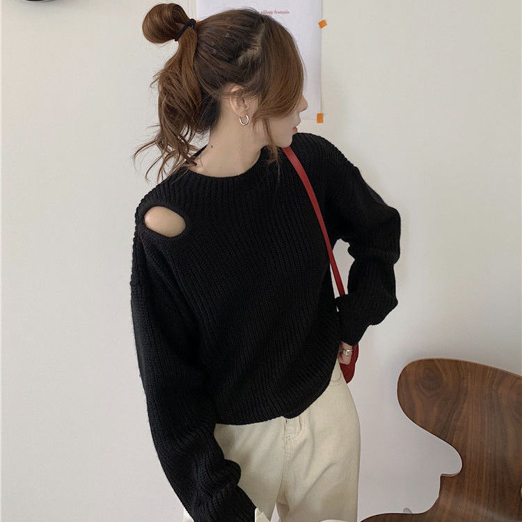 christmas outfit Sonicelife Korean lazy style off-shoulder sweater for women autumn and winter new sweater with small machine hollow design long-sleeved top