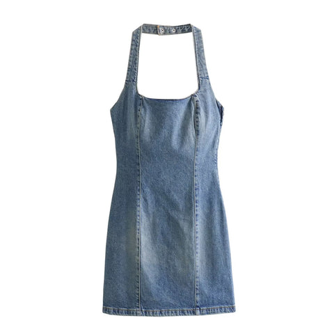 Sonicelife Women's Denim Camisole Dress with a Hanging Neck, One Line Collar, Backless, Sexy and Versatile, Slim Fit Mini Dress, New