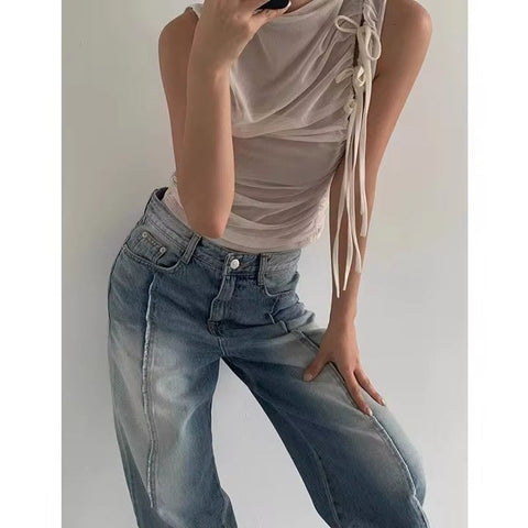 Sonicelife Streetwear Folds Tank Tops Women Lace Up Sleeveless T Shirts Korean Fashion Chic Summer Mesh Slim Tops Casual Tanks Y2K New