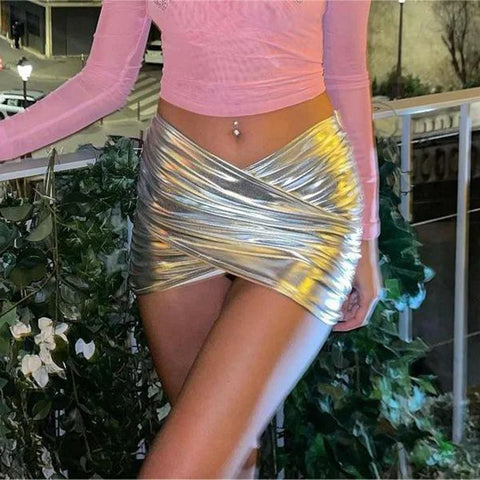 Sonicelife Sexy Women Metallic Silver PU Leather Mini Skirts Bodycon Cross Skirts Summer Party Y2K Lady High Waist Elastic Pleated Skirts