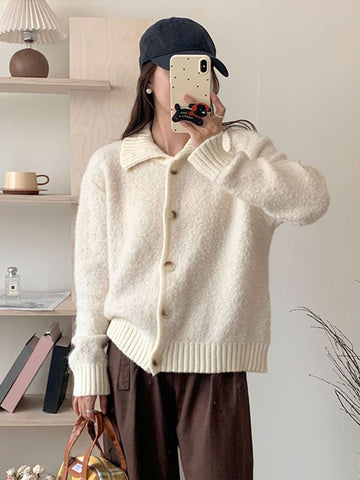 Black Friday Sonicelife Retro Plush Lapel Solid Cardigan Women Casual Knitted Single Breasted Pullover Sweaters Female Autumn Fashion Simple Knitwear