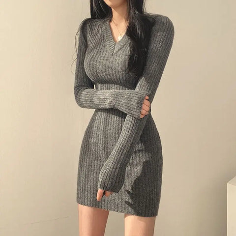 Sonicelife Women V-Neck Sexy Knit Bodycon Dress Long Sleeve Slim Dress Solid Casual Midi Sweater Dress For Women  Autumn Winter