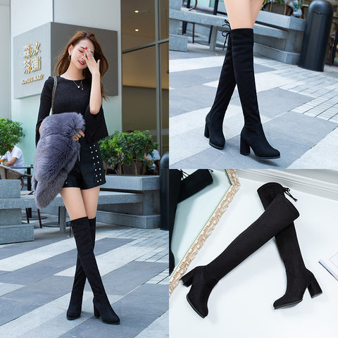 Sonicelife New Autumn Pointed Toe Over-the-knee Boots Women's Shoes Winter High-heeled Small High-heeled Elastic Fleece Tight-fitting Boots