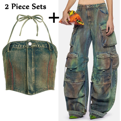 Sonicelife 2 Piece Tie Dye Washed Denim Bustier Tops Cargo Pants Women Sets Halter Crop Top Baggy Pants Jeans Hiphop Cool Two Piece Outfits