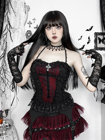 Sonicelife Gothic Hotsweet Camisole Women Vintage Aesthetic Y2k E-girl Hipster Lace Patchwork Halter Crop Tank Tops Cosplay Clothes