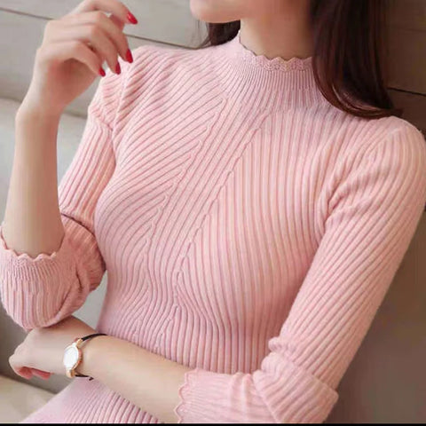 Sonicelife 2024 AutumnWomen Mock Neck Ruffles Sweater Long Sleeve Knitted Bottoming Solid Pullovers Stripe Casual Sweater For Women