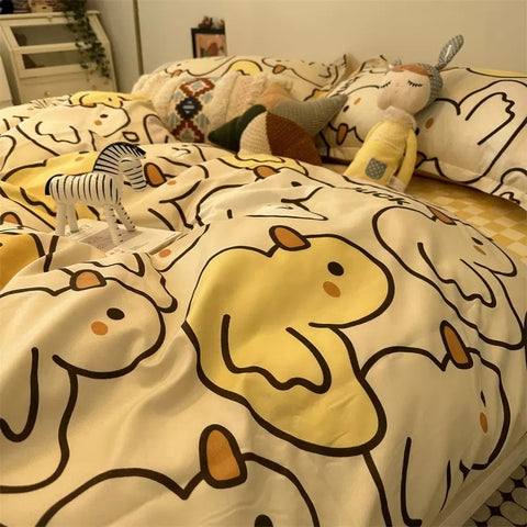 Sonicelife Ins Pink Cute Duck Cartoon Fruit Printed Bedding Set Soft Queen King Size Flat Bed Sheet Quilt Cover Pillowcase Kawaii