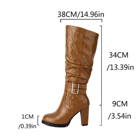 thanksgiving outfit Sonicelife Women Knee High Boots Round Toe Block Heels 9cm Buckles 34cm High 49 48 Vintage Riding Booties