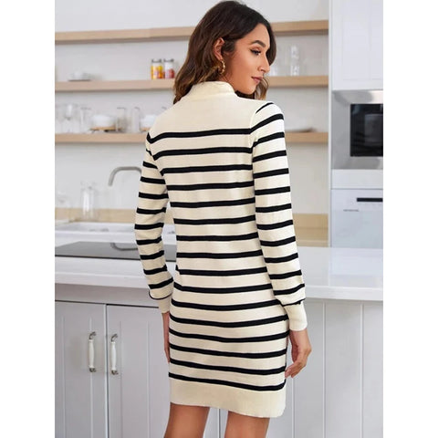 Sonicelife Striped Knitted Dress Casual Slim Long Sleeve Dress Ladies Basic Sweater Dress Autumn Winter Korean Pocket Vestido