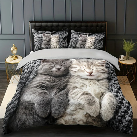 Sonicelife 3pcs Cat Animal Duvet Cover Set 3D Cute Pet Cat HD Printing Bedding For Home Dorm