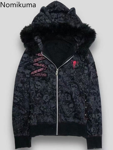 Sonicelife Korean Hoodie Women Clothes Skull Embroidery Punk Sweatshirts Y2k Tops 2025 Ropa Mujer Cat Ear Hooded Skull Zipper Hoodies Coats