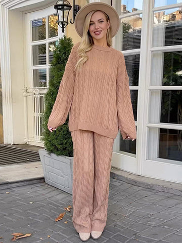 Sonicelife Casual Solid Knit Women Sweater Sets High Waist Wide Leg Lady Long Pant Suit 2025 Autumn Full Sleeve O Neck Female Top Set