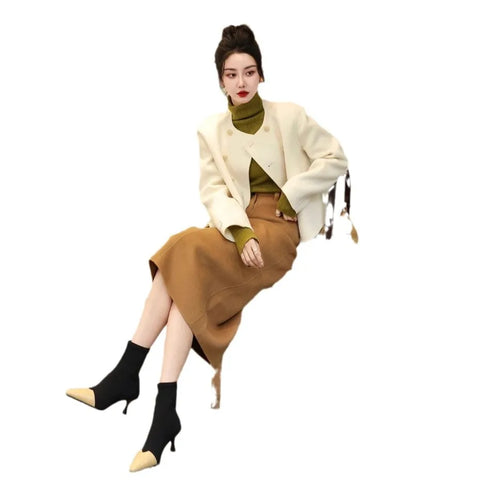 thanksgiving outfit Sonicelife Fashionable High-End Tweed Style Women's Sweater Skirt Leather Jacket Suit New Arrival Autumn 2024 Elegant and Stylish