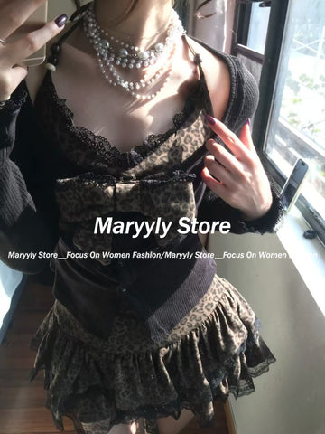 Sonicelife Autumn Winter Vintage Leopard Print Women Outfits Sexy Bow Fake Two Piece Tops + Lace Mini Cake Skirt 2 Piece Set Y2k Clothjing