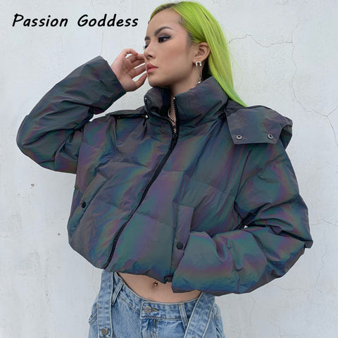 Sonicelife Fashion Women Winter Reflective Parkas Down Outcoats Thick Oversized Cool Luminous Hooded Jackets Coats Chaquetas Mujer Invierno