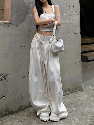 Sonicelife Y2K Casual Wide Leg Pants Women American High Street Fashion Sweatpants White Loose All Match Pleated Trousers Female New