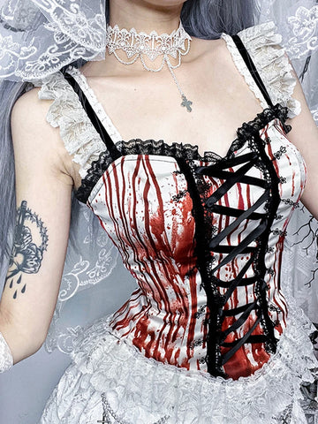 Sonicelife Halloween Dark Gothic Camis Women Streetwear Sexy Cyber Punk Y2k Grunge Blood Red Printed Lace Patchwork Crop Tank Tops
