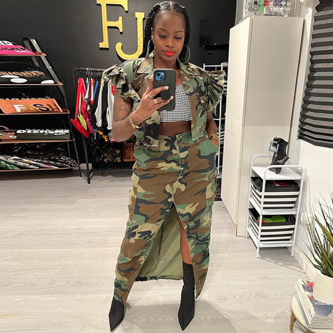 Sonicelife Women 2 Piece Camouflage Shirts Skirts Sets Single breasted Ruffles Crop Shirts Camo Cargo Pocket Long Skirts Two Piece Outfits