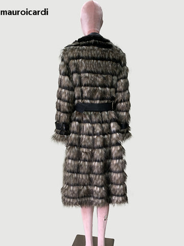 christmas outfit Sonicelife Spring Winter Long Thick Warm Soft Fluffy Hairy Striped Faux Fox Fur Coat Women Luxury Elegant Chic Furry Overcoat