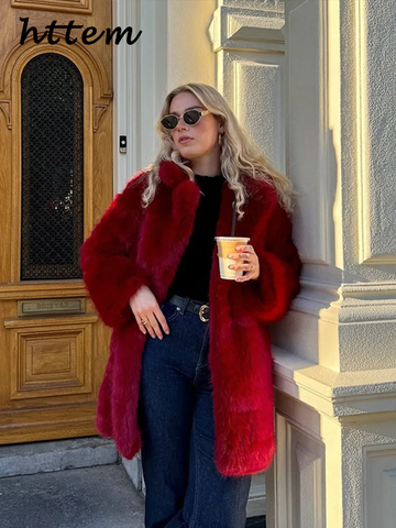 Sonicelife Street Women's Red Faux Fur Coats Loose Lapel Long Sleeves Female Fluffy Jacket 2024 Winter Lady Luxury Thicken Furry Overcoats