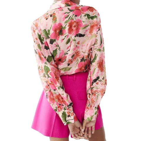 Sonicelife Women's Floral Printed Shirt Silk Satin Texture Fashionable Temperament Long Sleeved Single Breasted Top New
