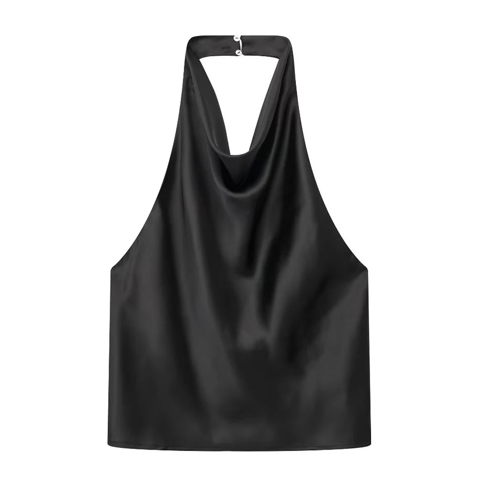 Sonicelife Women Fashion Satin Flowing Halterneck Tank Tops Sexy Backless With Button Female Camis Mujer