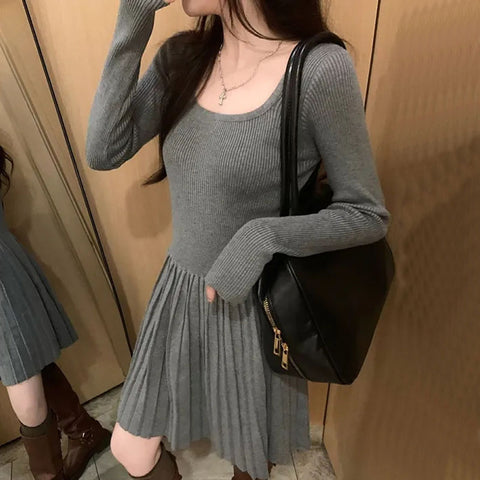 Sonicelife Grey Long Sleeve Knit Dresses Women Korean Vintage Slim Mini Dress Fashion Preppy Style Pleated Dress Female Autumn Winter New