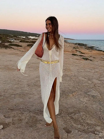Sonicelife Casual Knit Open Fork Long Dress Elegant White V Neck Full Sleeve Lace Up Robes New Women's Summer Beach Holiday Vestidos 2025