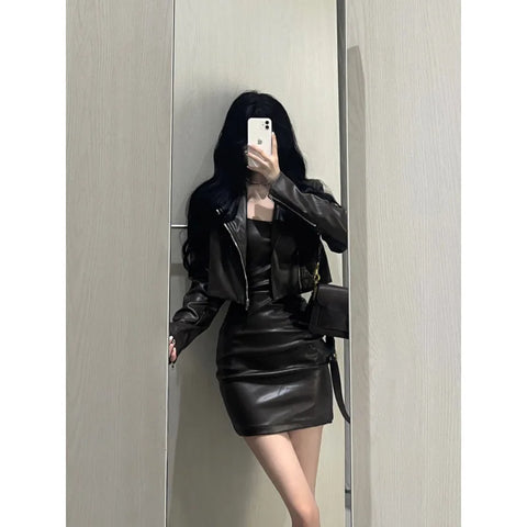 thanksgiving outfit Sonicelife 2024 Autumn New Women's Cropped Leather Jacket Tank Dress Slimming Bodycon Skirt Trendy Fashionable Female Dress Set