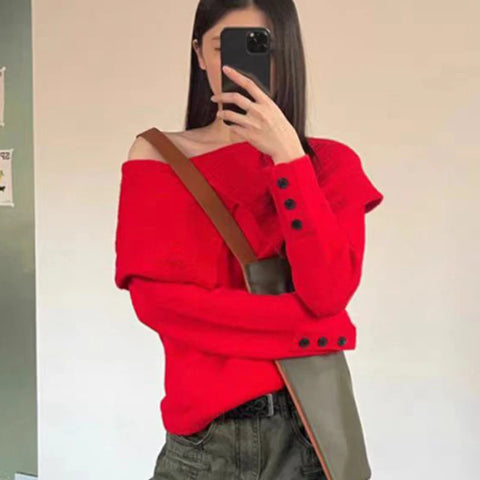 Sonicelife French Slash Neck Pullover Women Elegant Chic Knitted Off Shoulder Jumpers Autumn Winter Long Sleeve Streetwear Sexy Pullover
