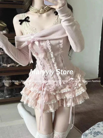 Sonicelife Autumn Winter New Two Piece Set Kawaii Bow Off Shoulder Long Sleeve Tops + 2yk High Waist Ruched Cake Skirt Japanese Pink Suits