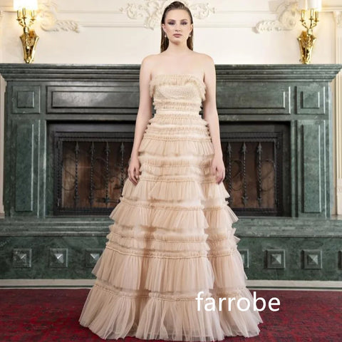 Sonicelife Customized Retro Net Pleat Tiered A-line Strapless Long Dresses Evening Dresses Classic Exquisite Modern Style Pastrol Unisex Ch (PRE-ORDER)